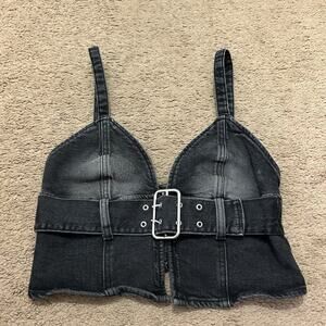 Bershka Denim Black Wash Buckle Top Size Small Y2K